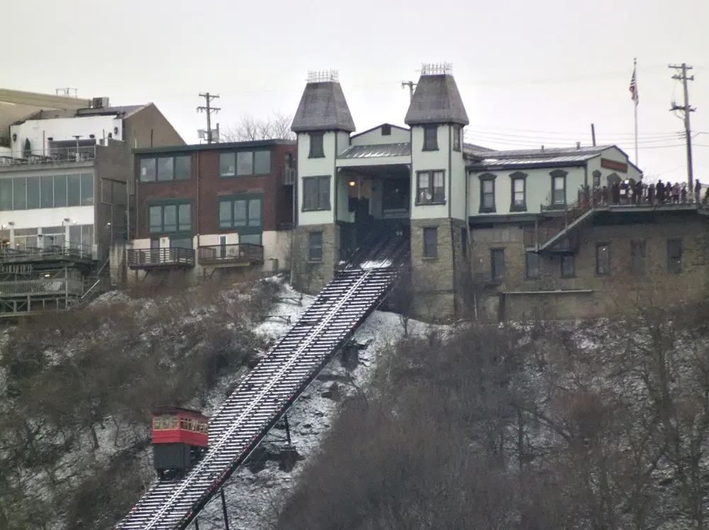 The Duquesne Incline car climbing the hillside of Mount Washington in Pittsburgh